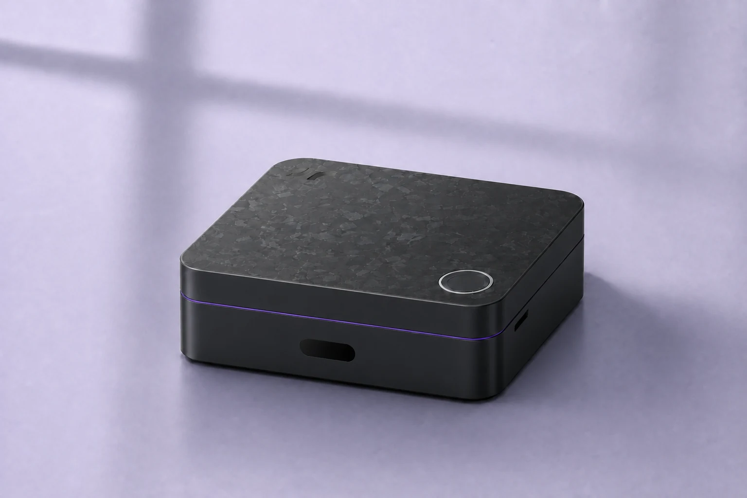 HarborNavi home hub with a dark textured finish and a purple light strip
